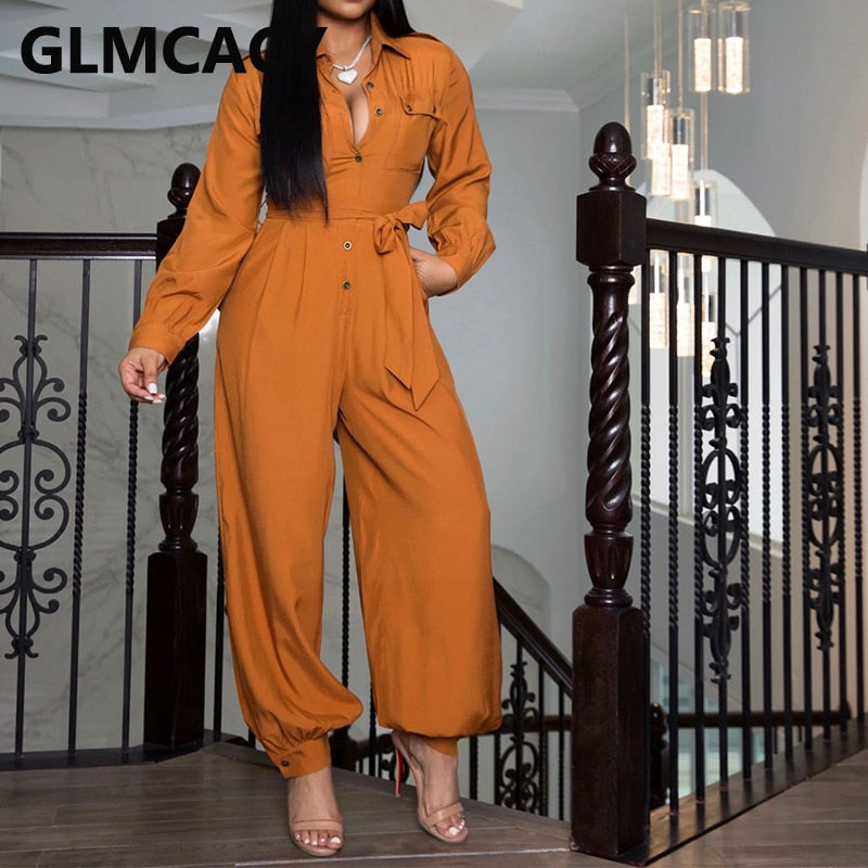 Women Long Sleeve Turn Down Collar Jumpsuit Solid Regular Button Down Jumpsuits Overalls - Dash Trend