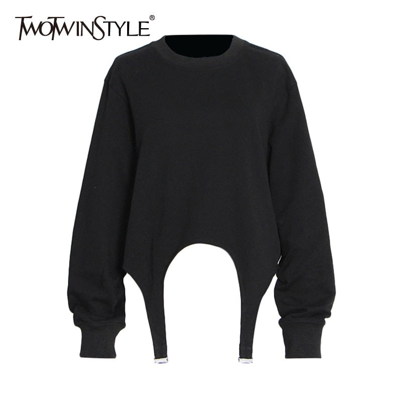 TWOTWINSTYLE Patchwork Tape Sweatshirt For Female O Neck Long Sleeve High Waist Loose Solid Color Women's Casual Sweatshirt New - Dash Trend