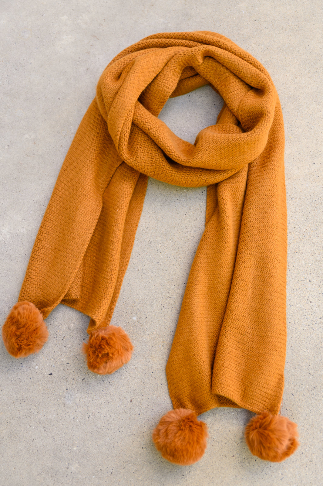 Knitted Fuzzy Pom Pom Scarf In Ginger - Dash Trend