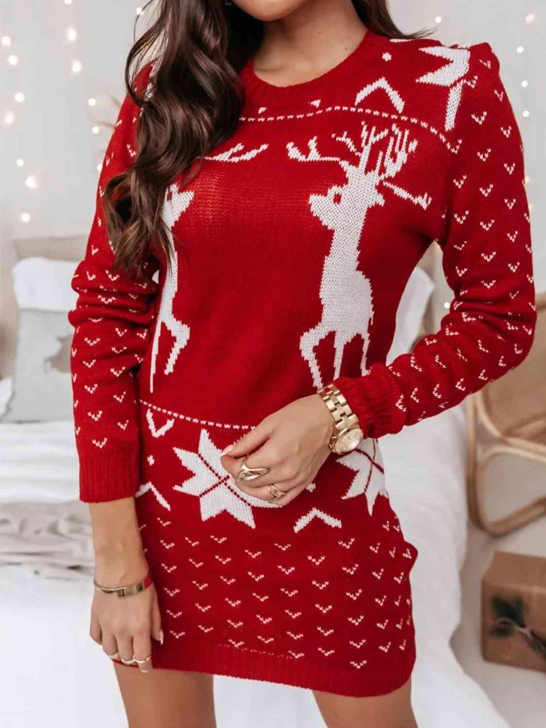 Reindeer Print Tunic Sweater Dress - Dash Trend
