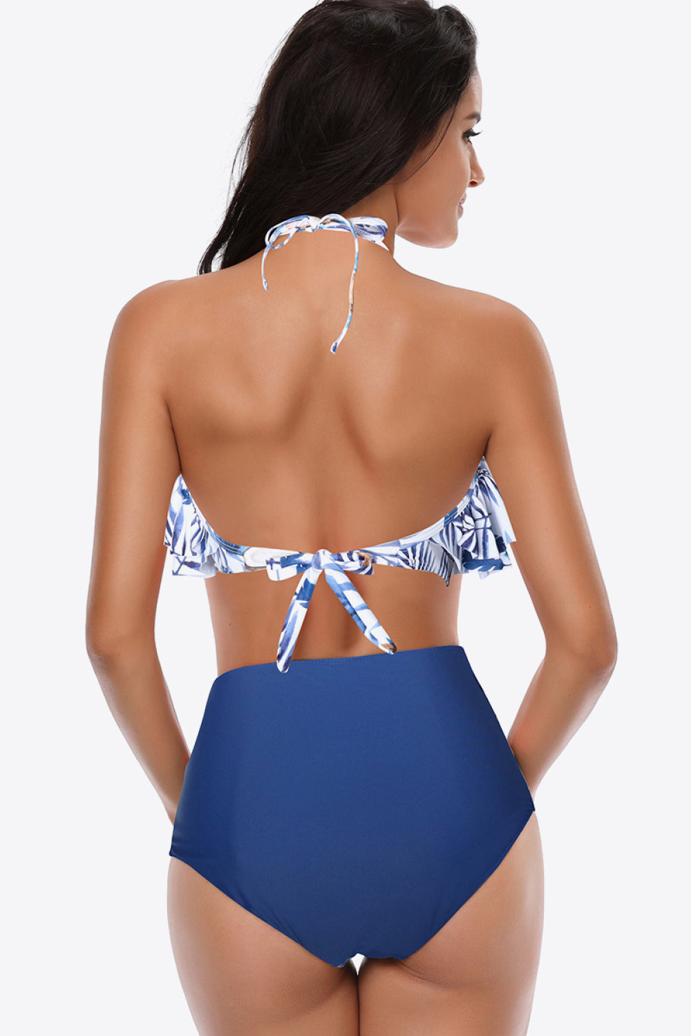 Two-Tone Ruffled Halter Neck Two-Piece Swimsuit - Dash Trend