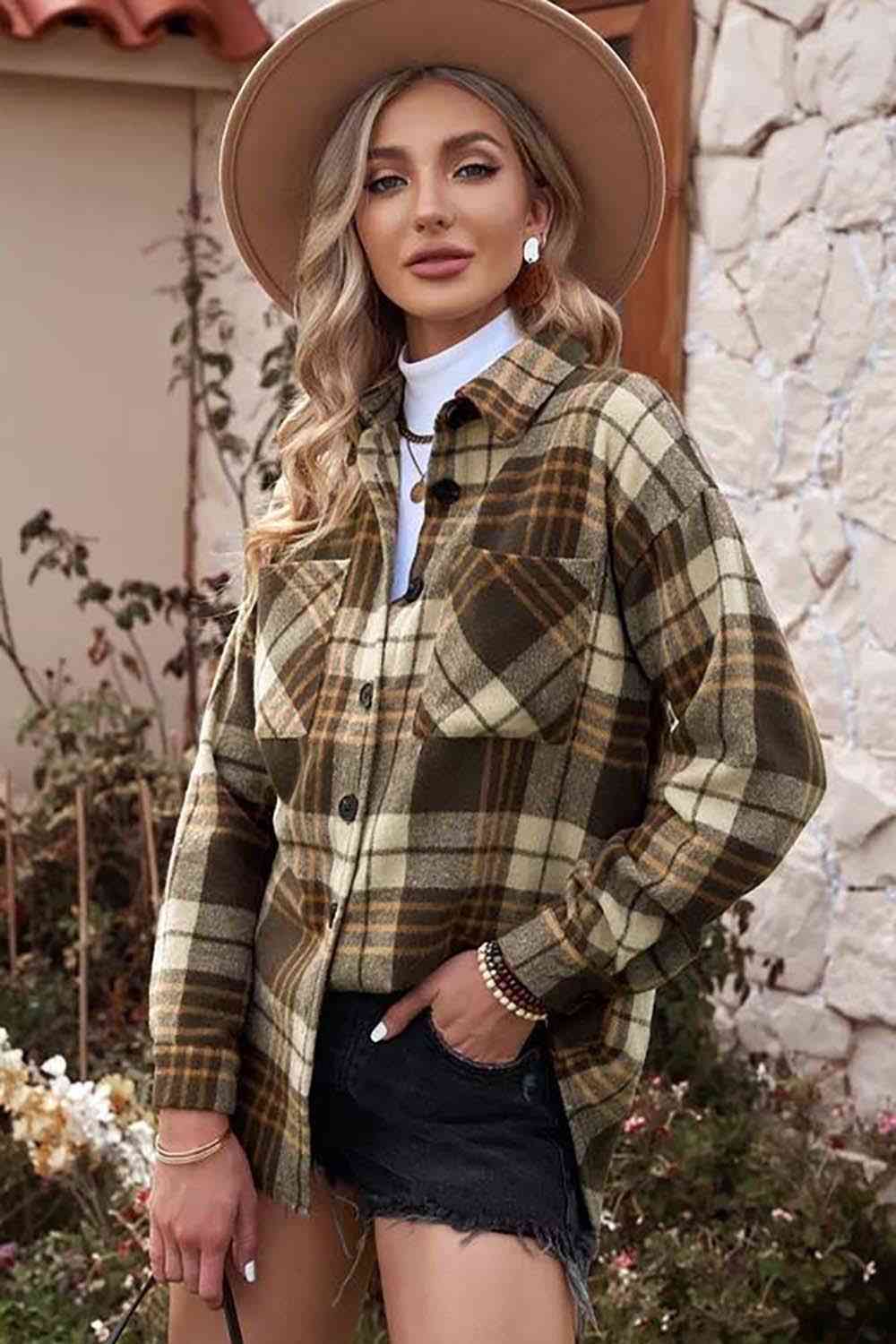 Plaid Collared Neck Button Up Jacket with Pockets - Dash Trend