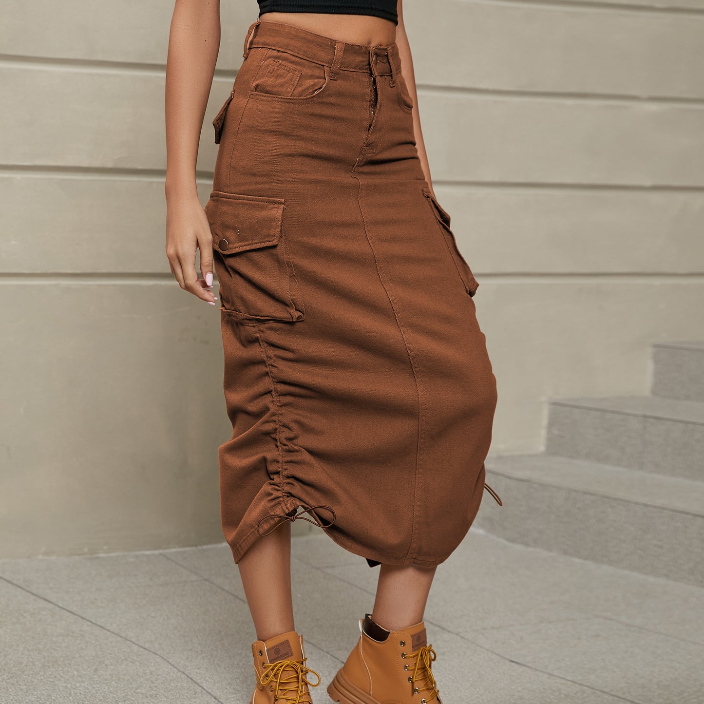 Drawstring Ruched Slit Denim Midi Skirt - Dash Trend