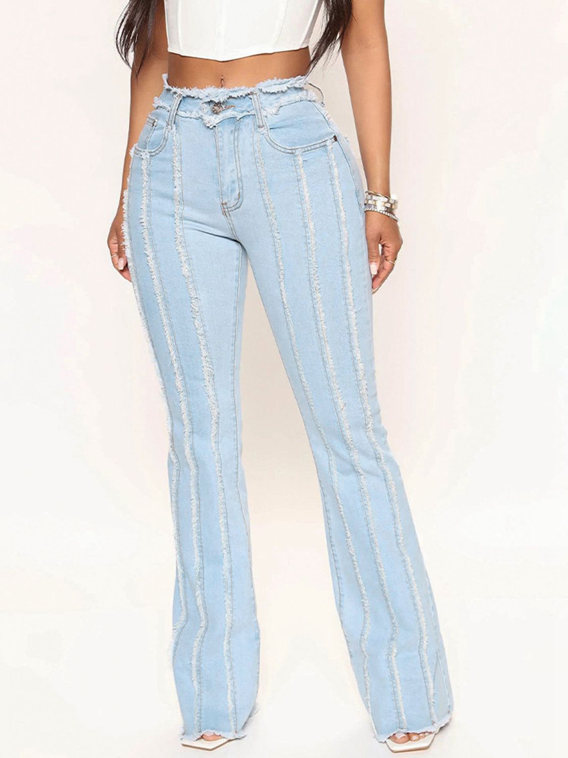 Striped Raw Hem Jeans - Dash Trend
