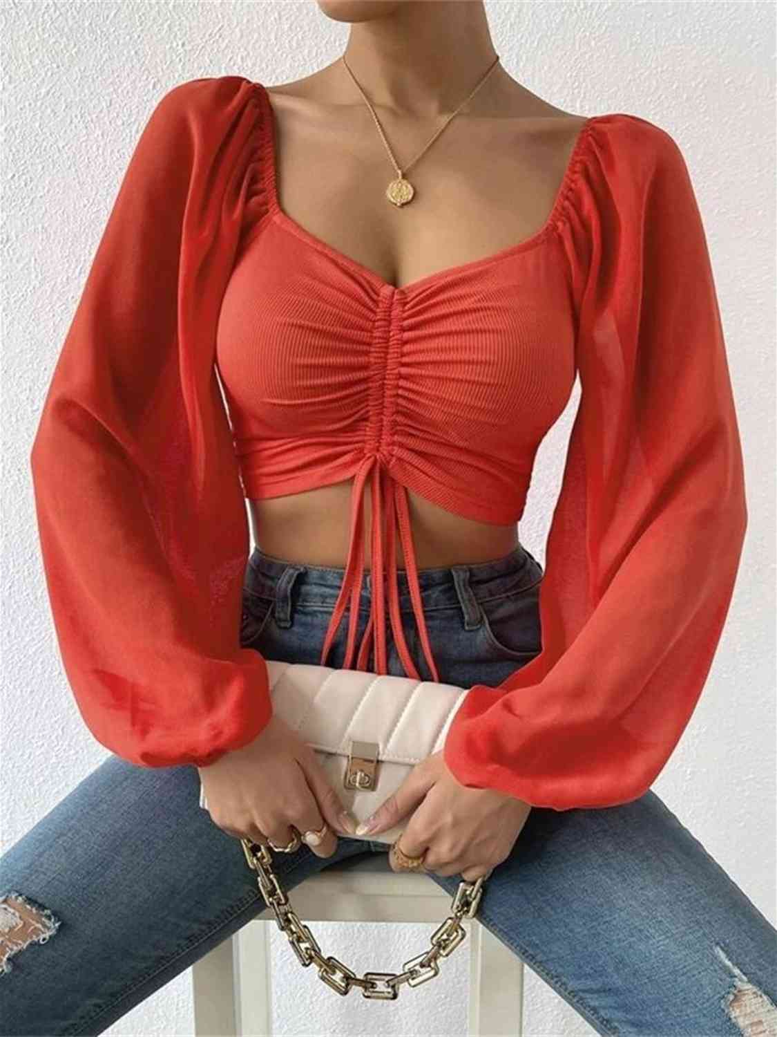 Drawstring Sweetheart Neck Cropped Top - Dash Trend