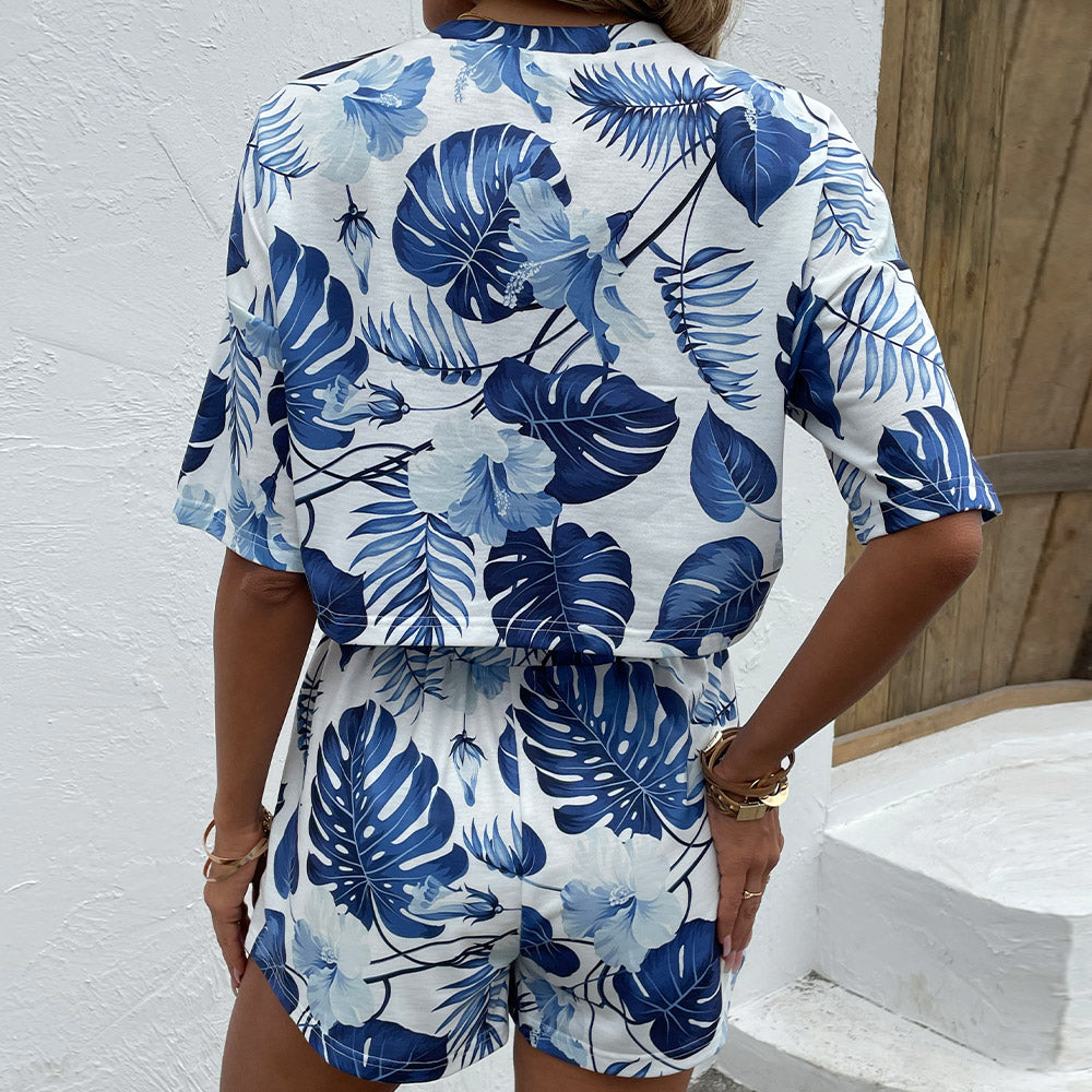 Floral Print Round Neck Dropped Shoulder Top and Shorts Set - Dash Trend