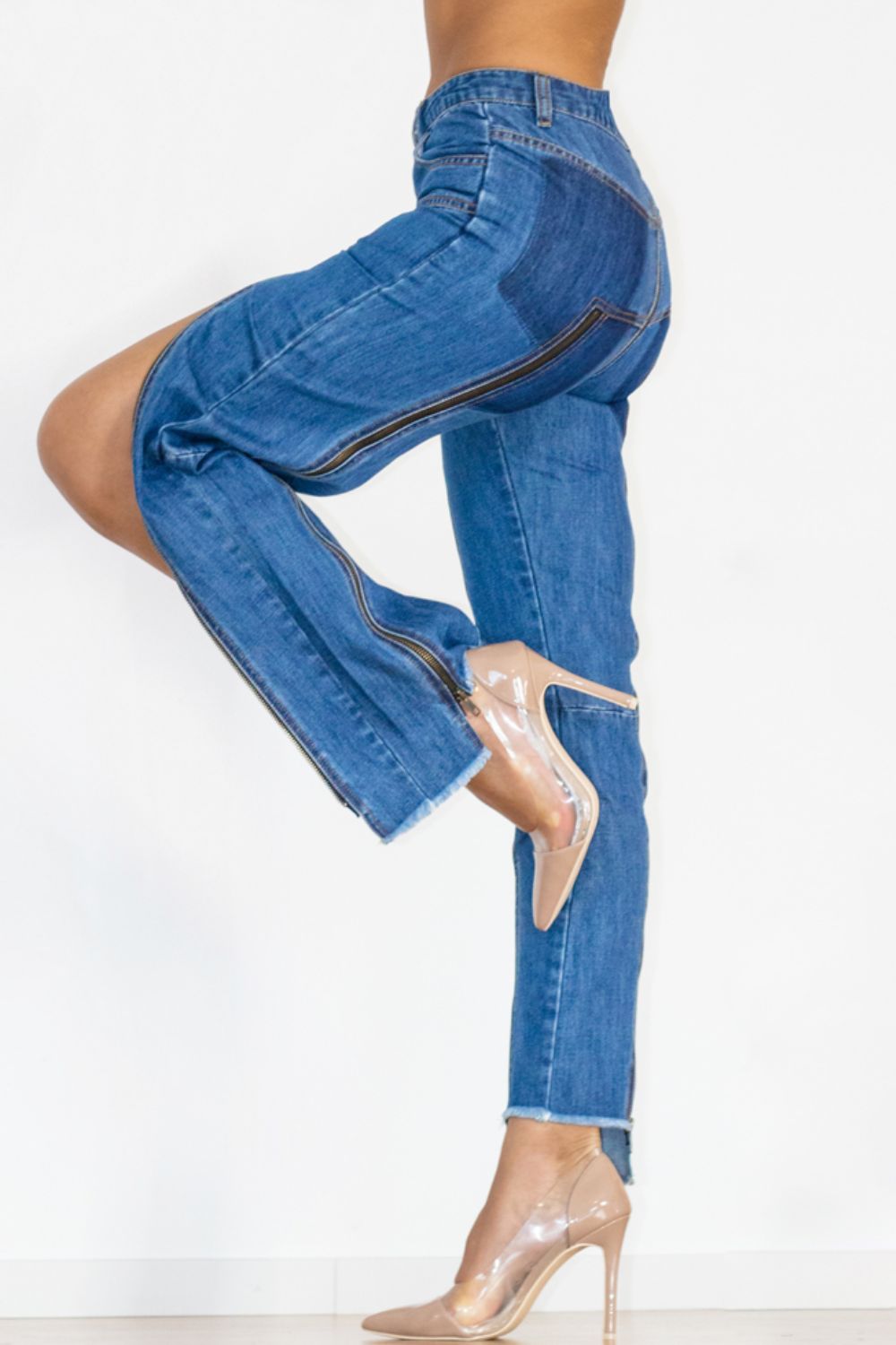 Zip Detail Slit Long Jeans - Dash Trend