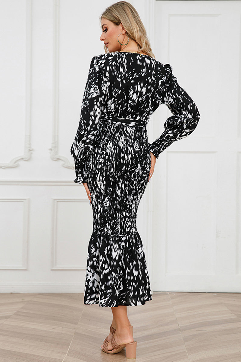 Printed V-Neck Smocked Midi Dress - Dash Trend