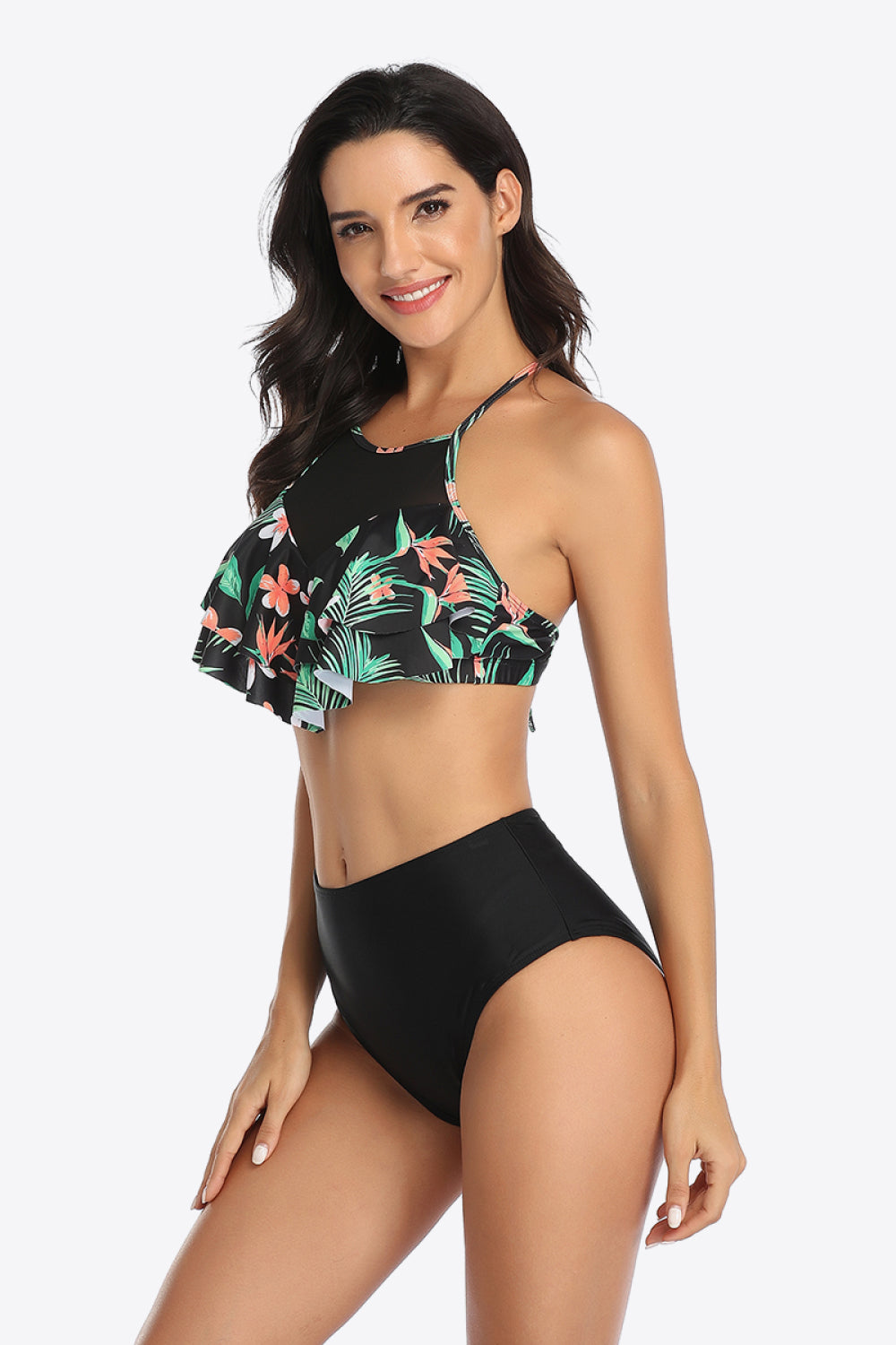 Tropical Print Ruffled Two-Piece Swimsuit - Dash Trend