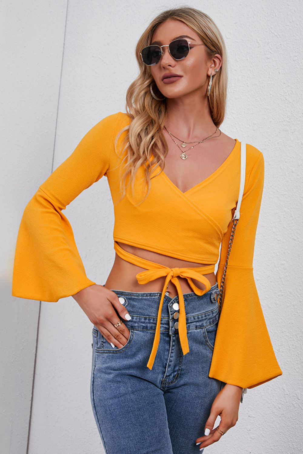 Tie Front Flare Sleeve Cropped Top - Dash Trend