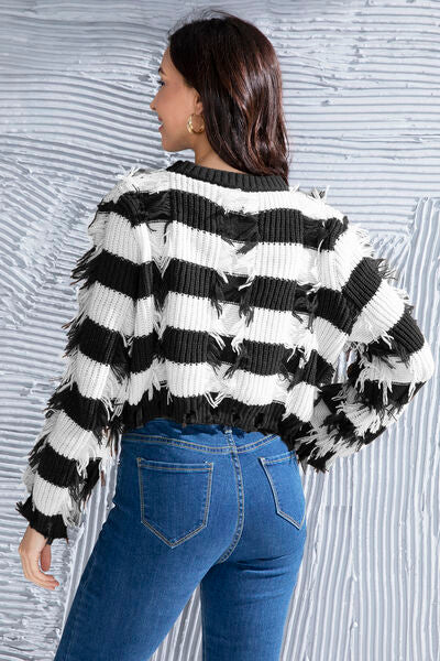 Striped Fringe Round Neck Sweater