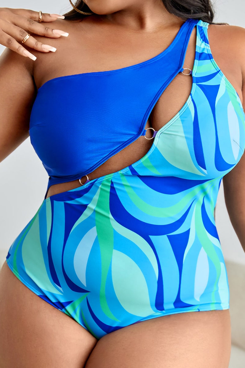 Plus Size Printed Ring Detail One-Shoulder One-Piece Swimsuit - Dash Trend