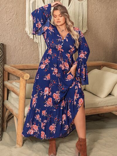 Plus Size Printed Half Button Flare Sleeve Dress