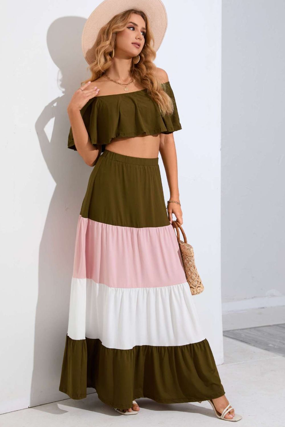 Off-Shoulder Crop Top and Color Block Tiered Skirt Set - Dash Trend