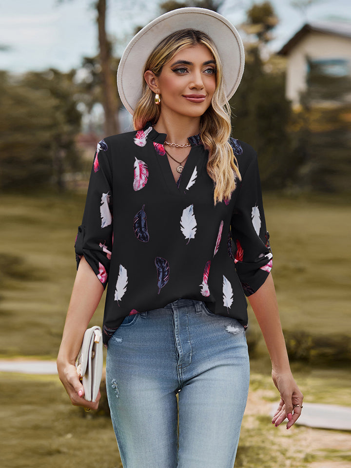 Printed Roll-Tab Sleeve Notched Neck Blouse - Dash Trend