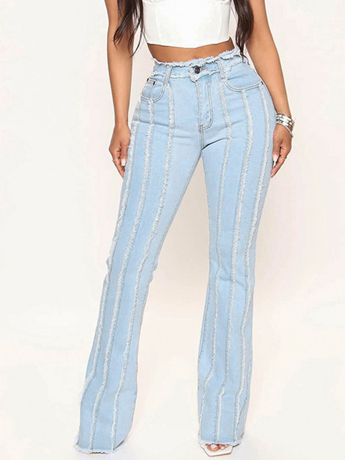 Striped Raw Hem Jeans - Dash Trend