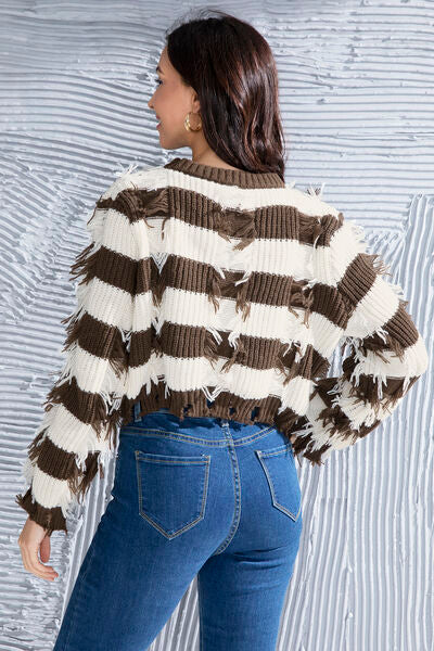 Striped Fringe Round Neck Sweater