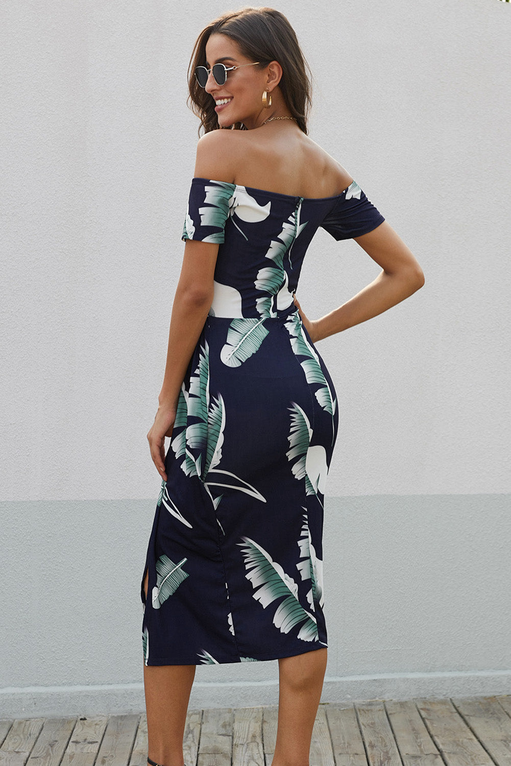 Printed Off-Shoulder Split Dress - Dash Trend