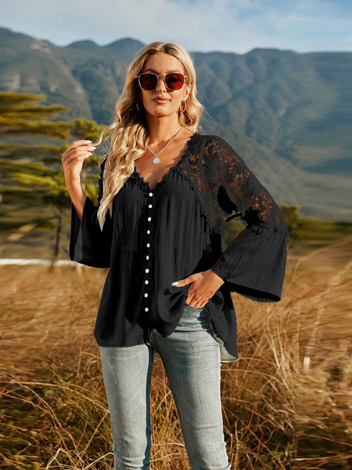 Spliced Lace Buttoned Blouse - Dash Trend